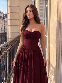 Modelyn فستان سهرة نسائي بلون موحد مطوي أنيق بخصر مشدود بدون حمالات - عنابي اللون - مشاهدة 7