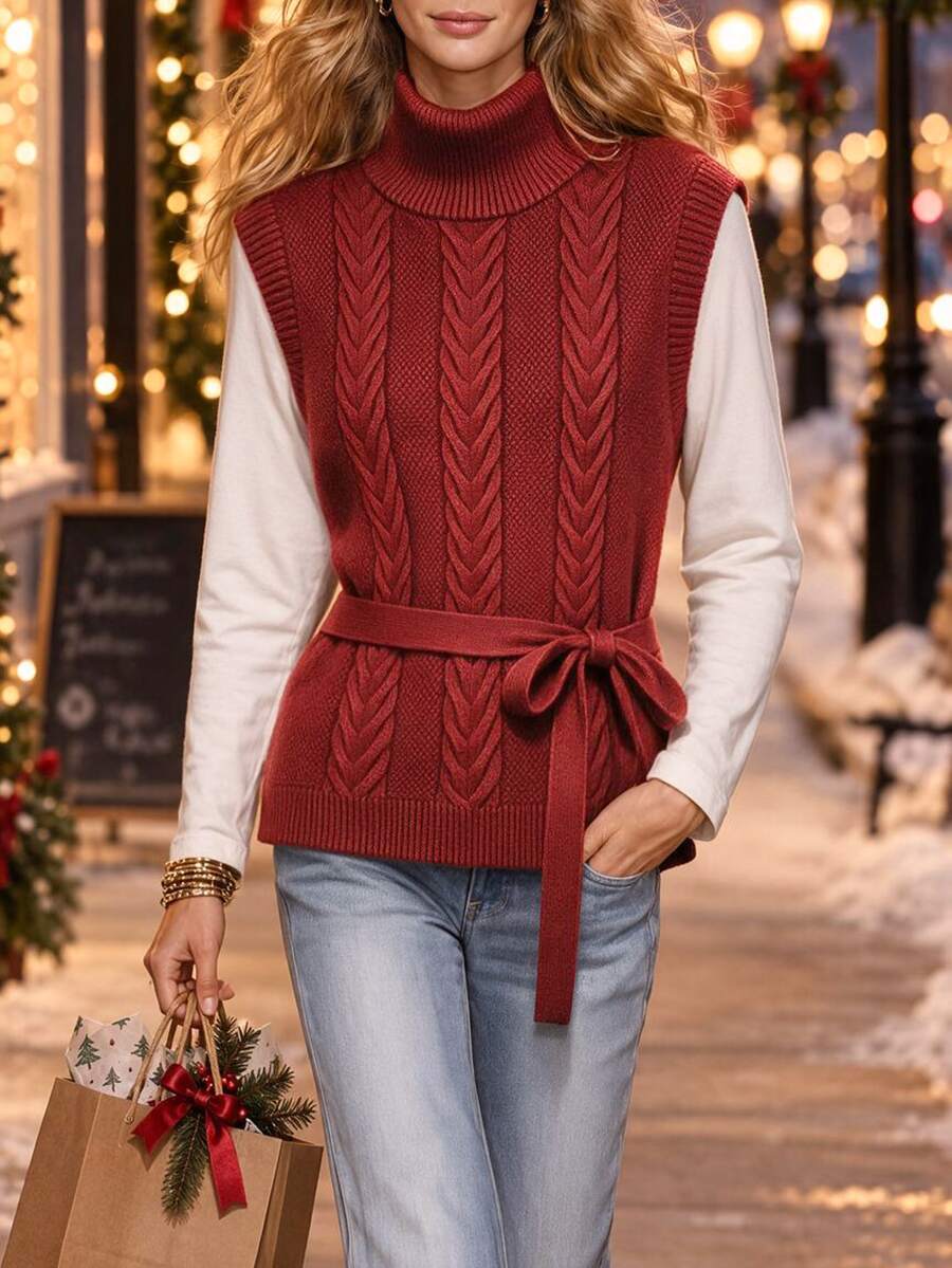 SHEIN Franclia Rompi Rajut Kabel Bertekstur dengan Kerah Tinggi dan Detail Ikat Pinggang. Desain Tanpa Lengan, Ideal untuk Menciptakan Tampilan - Merah - View 1