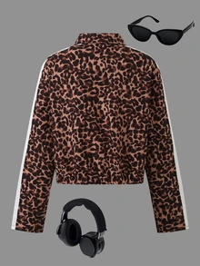 Teen Girls Leopard Print Side Stripe Zipper Short Jacket, Lapel Casual Streetwear - Brown - View 2