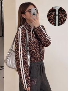 Teen Girls Leopard Print Side Stripe Zipper Short Jacket, Lapel Casual Streetwear - Brown - View 6