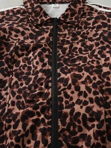 Teen Girls Leopard Print Side Stripe Zipper Short Jacket, Lapel Casual Streetwear - Brown - View 8