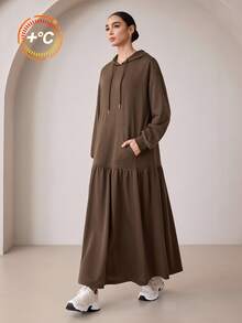 Graceveil Women Long Hooded Sweatshirt Maxi Dress Drop Shoulder Ruffled Hem Modest Casual Dress - Brown - View 10