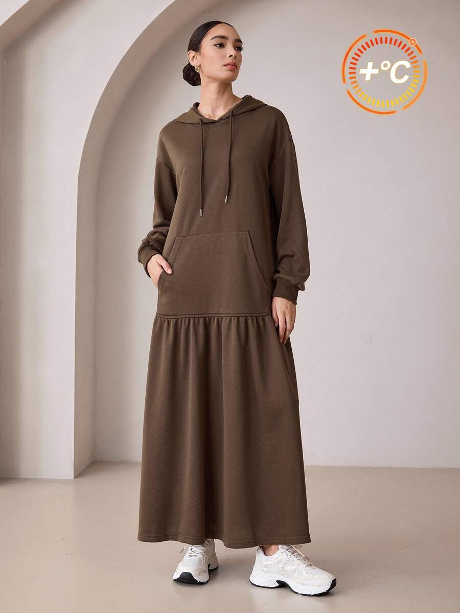 Graceveil Women Long Hooded Sweatshirt Maxi Dress Drop Shoulder Ruffled Hem Modest Casual Dress