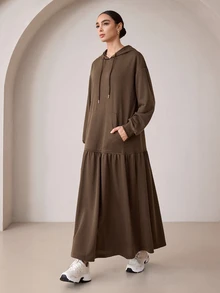 Graceveil Women Long Hooded Sweatshirt Maxi Dress Drop Shoulder Ruffled Hem Modest Casual Dress - Brown - View 6