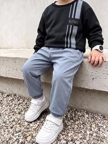 SHEIN 2件組男童寬鬆條紋印花套頭上衣與鬆緊腰長褲，適合秋冬冬季、學校、返校季，加厚款 - 藍色 - 查看 1