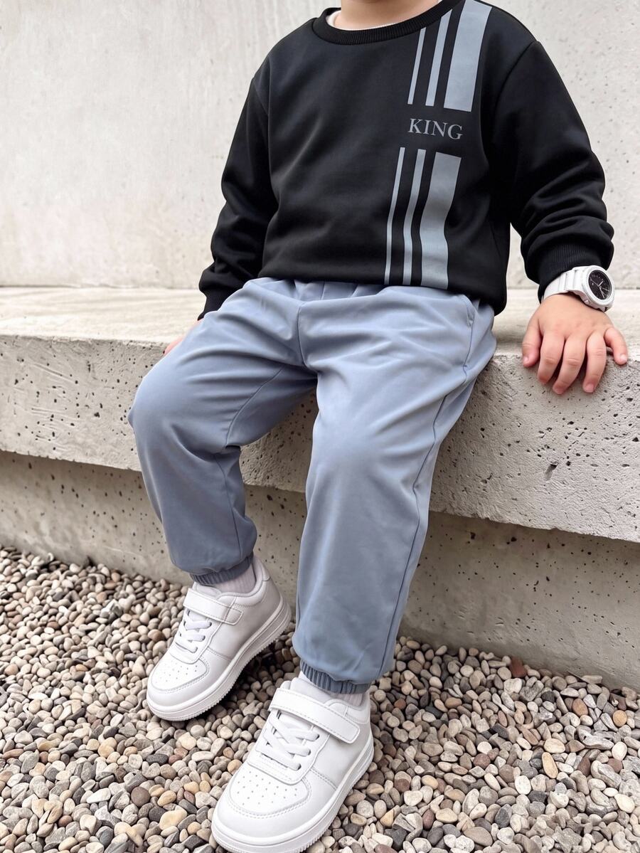 SHEIN 2件組男童寬鬆條紋印花套頭上衣與鬆緊腰長褲,適合秋冬冬季、學校、返校季,加厚款 - 藍色 - 查看 1