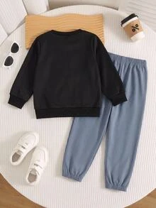 SHEIN 2件組男童寬鬆條紋印花套頭上衣與鬆緊腰長褲，適合秋冬冬季、學校、返校季，加厚款 - 藍色 - 查看 3