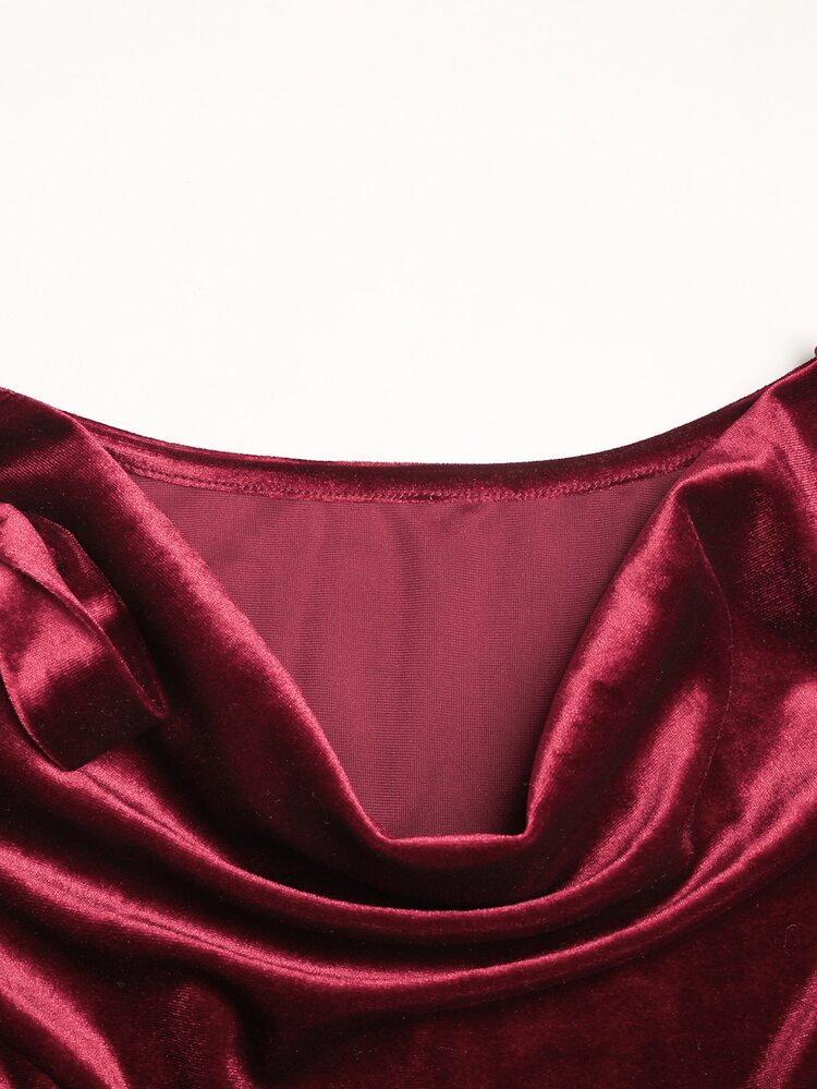 SHEIN Teen Girl Teen Girl Autumn/Winter Elegant Glamorous Burgundy Red Solid Color Knit Velvet Detachable Bowknot Cowl Neck Sleeveless Dress, Suitable For Party, Christmas, New Year - Burgundy - View 6