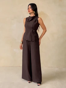 SHEIN Tall Women's Tall-Size Shirt And Wide-Leg Trousers – Reddish-Brown Linen Set - Brown - View 6