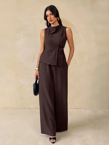 SHEIN Tall Women's Tall-Size Shirt And Wide-Leg Trousers – Reddish-Brown Linen Set - Brown - View 5