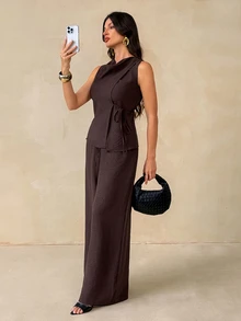 SHEIN Tall Women's Tall-Size Shirt And Wide-Leg Trousers – Reddish-Brown Linen Set - Brown - View 3