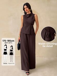 SHEIN Tall Women's Tall-Size Shirt And Wide-Leg Trousers – Reddish-Brown Linen Set - Brown - View 4