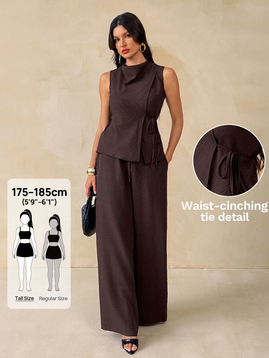 SHEIN Tall Set Kemeja dan Celana Panjang Wanita Ukuran Besar – Linen Cokelat Kemerahan - Coklat - View 1