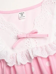 SHEIN Tween女孩簡約可愛卡通圖案荷葉邊飾V領長袖寬鬆休閒甜美居家睡裙，度假休閒居家長袖可愛卡通印花洋裝 - 粉色 - 查看 5