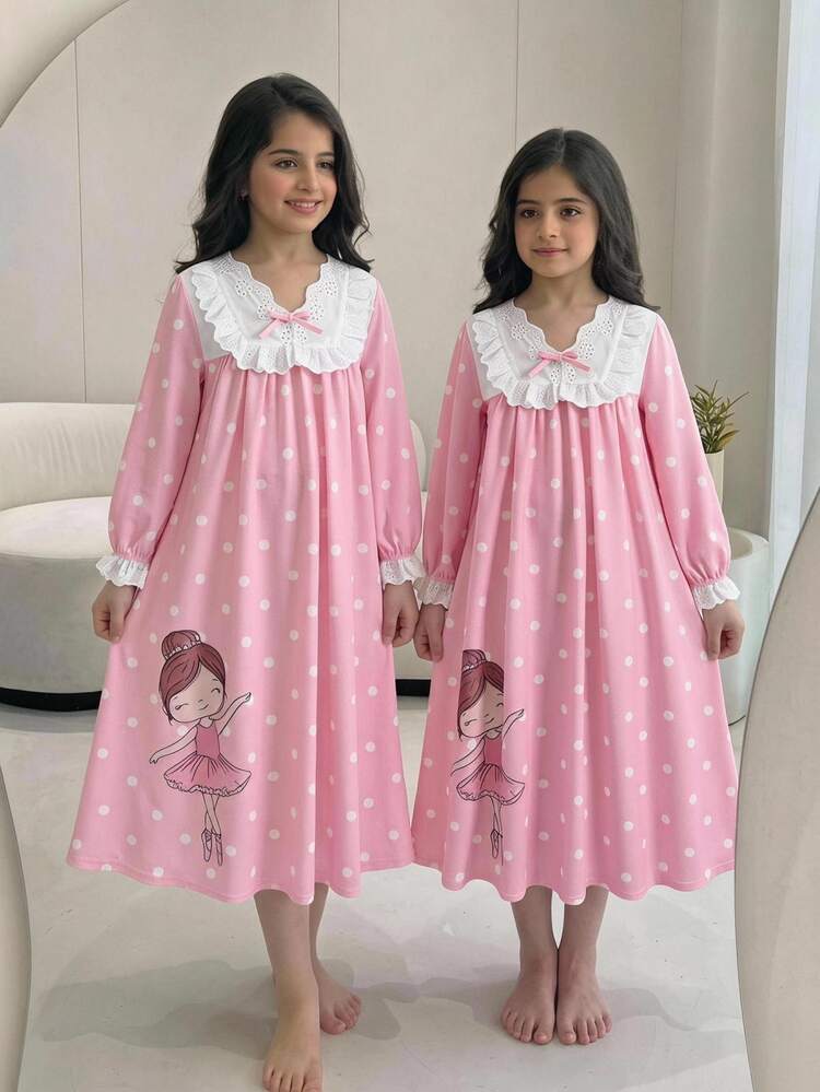 SHEIN Tween Girls Tween Girl Simple Cute Cartoon Pattern Ruffle Trim V-Neck Long Sleeve Loose Casual Sweet Home Sleep Dress, Vacation Leisure Home Long Sleeve Cute Cartoon Print Dress - Pink - View 1