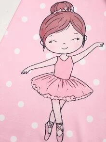 SHEIN Tween女孩簡約可愛卡通圖案荷葉邊飾V領長袖寬鬆休閒甜美居家睡裙，度假休閒居家長袖可愛卡通印花洋裝 - 粉色 - 查看 6