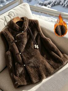 SHEIN Franclia Fashionable Autumn/Winter Women's Faux Fur Sleeveless Jacket With Pearl Buttons, Dark Brown Color Everyday Party 90s Retro Elegant - Coffee Brown - View 2