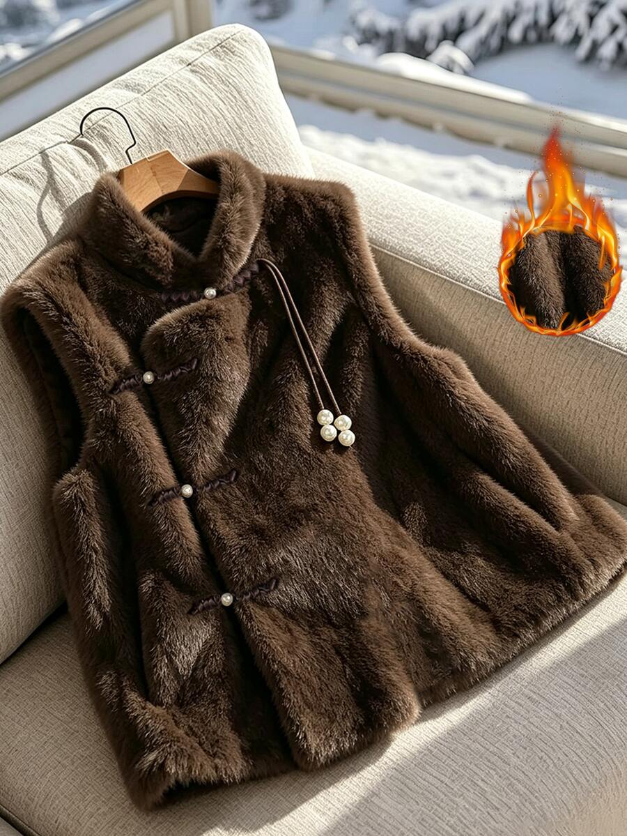 SHEIN Franclia Fashionable Autumn/Winter Women's Faux Fur Sleeveless Jacket With Pearl Buttons, Dark Brown Color Everyday Party 90s Retro Elegant