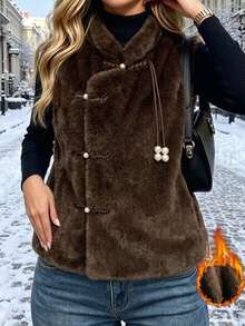 SHEIN Franclia Fashionable Autumn/Winter Women's Faux Fur Sleeveless Jacket With Pearl Buttons, Dark Brown Color Everyday Party 90s Retro Elegant - Coffee Brown - View 4
