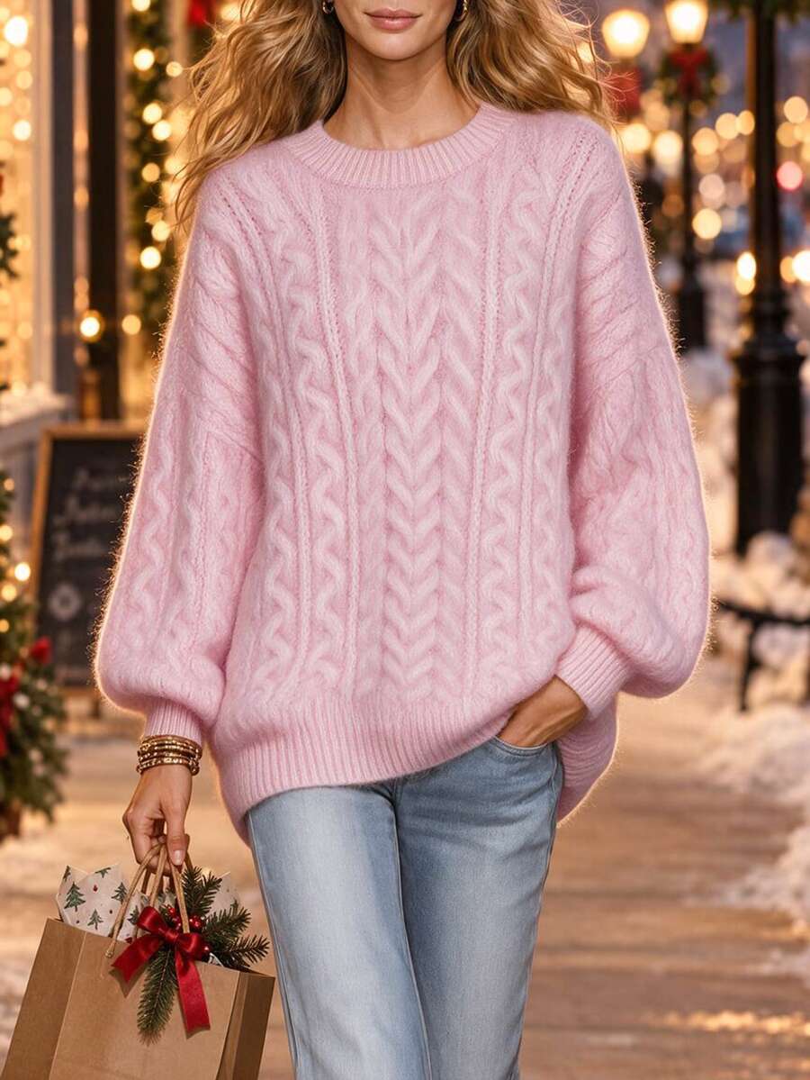 SHEIN New Autumn/Winter Loose Gentle Sweet Pink Slouchy Design V-Neck Thick Cable Knit Niche Versatile Women's Pullover Sweater - Pink - View 1