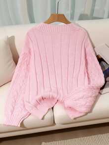 SHEIN New Autumn/Winter Loose Gentle Sweet Pink Slouchy Design V-Neck Thick Cable Knit Niche Versatile Women's Pullover Sweater - Pink - View 2