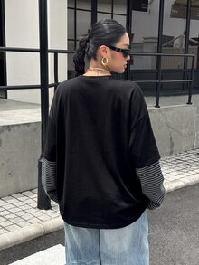 Muchica 大尺碼初秋返校黑色拼接 2-in-1 針織 T 恤，層次感長袖休閒工裝風軟面趣味上衣，適合正式場合 - 彩色 - 查看 2
