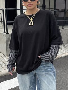 Muchica 大尺碼初秋返校黑色拼接 2-in-1 針織 T 恤，層次感長袖休閒工裝風軟面趣味上衣，適合正式場合 - 彩色 - 查看 4