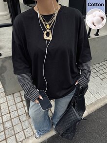 Muchica 大尺碼初秋返校黑色拼接 2-in-1 針織 T 恤，層次感長袖休閒工裝風軟面趣味上衣，適合正式場合 - 彩色 - 查看 5