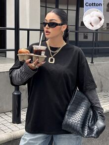 Muchica 大尺碼初秋返校黑色拼接 2-in-1 針織 T 恤，層次感長袖休閒工裝風軟面趣味上衣，適合正式場合 - 彩色 - 查看 7