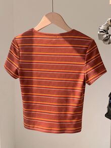 Comfortcana Colorful Striped Short Sleeve Round Neck Plus Size T-Shirt, Fashionable For Summer - Coffee Brown - View 2