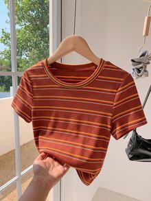Comfortcana Colorful Striped Short Sleeve Round Neck Plus Size T-Shirt, Fashionable For Summer - Coffee Brown - View 4