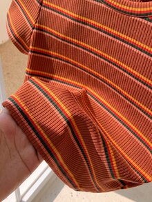 Comfortcana Colorful Striped Short Sleeve Round Neck Plus Size T-Shirt, Fashionable For Summer - Coffee Brown - View 5