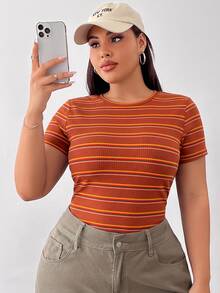Comfortcana Colorful Striped Short Sleeve Round Neck Plus Size T-Shirt, Fashionable For Summer - Coffee Brown - View 3