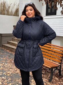 SHEIN EZwear 2025秋冬新款黑色休閒連帽絎縫夾克，保暖可調抽繩收腰長袖中長版寬鬆大尺碼厚外套，適合登山 - 藏蓝色 - 查看 3