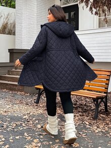 SHEIN EZwear 2025秋冬新款黑色休閒連帽絎縫夾克，保暖可調抽繩收腰長袖中長版寬鬆大尺碼厚外套，適合登山 - 藏蓝色 - 查看 2