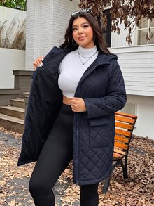SHEIN EZwear 2025秋冬新款黑色休閒連帽絎縫夾克，保暖可調抽繩收腰長袖中長版寬鬆大尺碼厚外套，適合登山 - 藏蓝色 - 查看 7