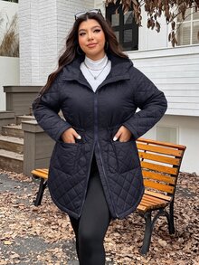 SHEIN EZwear 2025秋冬新款黑色休閒連帽絎縫夾克，保暖可調抽繩收腰長袖中長版寬鬆大尺碼厚外套，適合登山 - 藏蓝色 - 查看 4