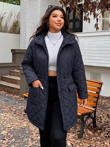 SHEIN EZwear 2025秋冬新款黑色休閒連帽絎縫夾克，保暖可調抽繩收腰長袖中長版寬鬆大尺碼厚外套，適合登山 - 藏蓝色 - 查看 6