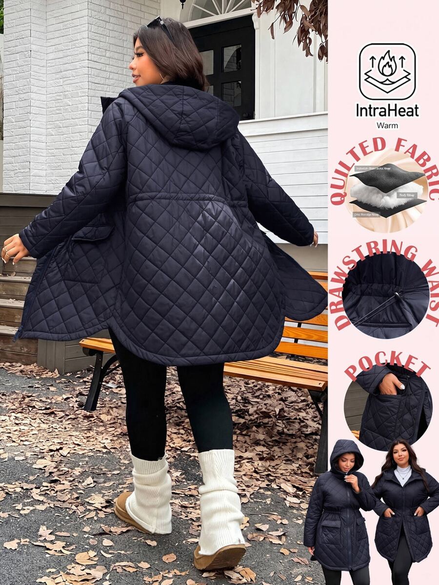 SHEIN EZwear 2025秋冬新款黑色休閒連帽絎縫夾克,保暖可調抽繩收腰長袖中長版寬鬆大尺碼厚外套,適合登山 - 藏蓝色 - 查看 1