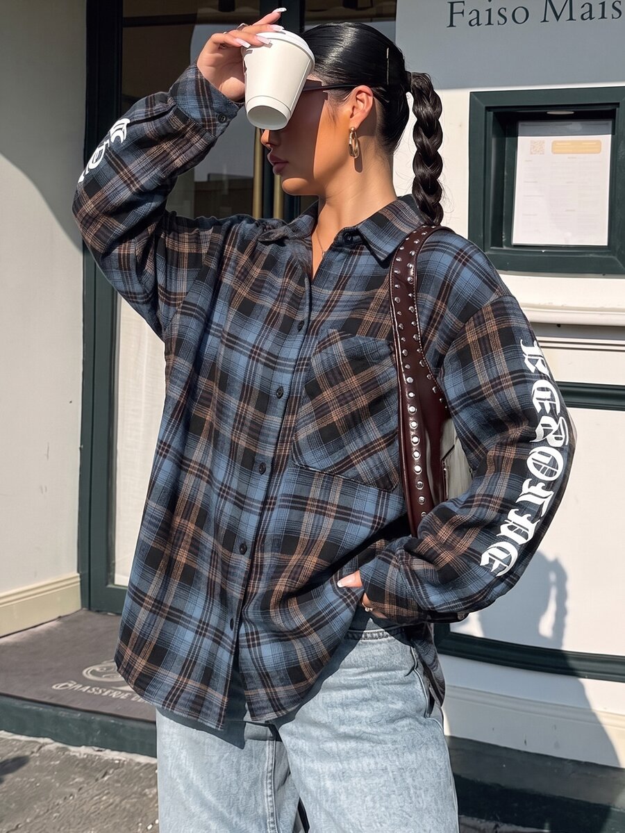 Muchica Plus Size Women's Plaid Long Sleeve Single-Breasted Casual Pocket Shirt Fall - Multicolor - View 1
