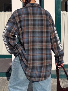 Muchica Plus Size Women's Plaid Long Sleeve Single-Breasted Casual Pocket Shirt Fall - Multicolor - View 2