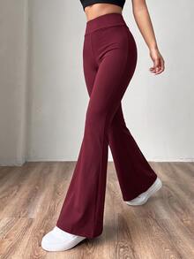 SHEIN EZwear 大尺碼女款高腰針織喇叭褲，修身百搭，酒紅色秋季風格 - 酒紅色 - 查看 6