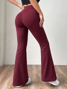 SHEIN EZwear 大尺碼女款高腰針織喇叭褲，修身百搭，酒紅色秋季風格 - 酒紅色 - 查看 2