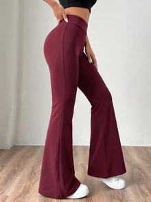 SHEIN EZwear 大尺碼女款高腰針織喇叭褲，修身百搭，酒紅色秋季風格 - 酒紅色 - 查看 4
