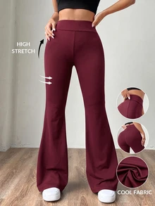 SHEIN EZwear 大尺碼女款高腰針織喇叭褲，修身百搭，酒紅色秋季風格 - 酒紅色 - 查看 1