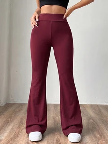SHEIN EZwear 大尺碼女款高腰針織喇叭褲，修身百搭，酒紅色秋季風格 - 酒紅色 - 查看 5