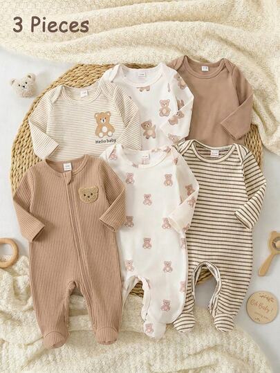 1pc Autumn/Winter Newborn Long Sleeve Footed Jumpsuit, Knitted Comfortable Soft Cute Playful Design, Traceable Cotton Home Wear, Best Gift For Newborns, Home Wear, Versatile Fashion, Best Choice
