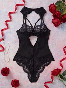 Elorette Women's Sexy Lace Patchwork Cutout Jumpsuit Lingerie - Black - View 6