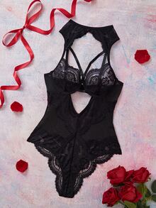 Elorette Women's Sexy Lace Patchwork Cutout Jumpsuit Lingerie - Black - View 10