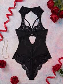 Elorette Women's Sexy Lace Patchwork Cutout Jumpsuit Lingerie - Black - View 7